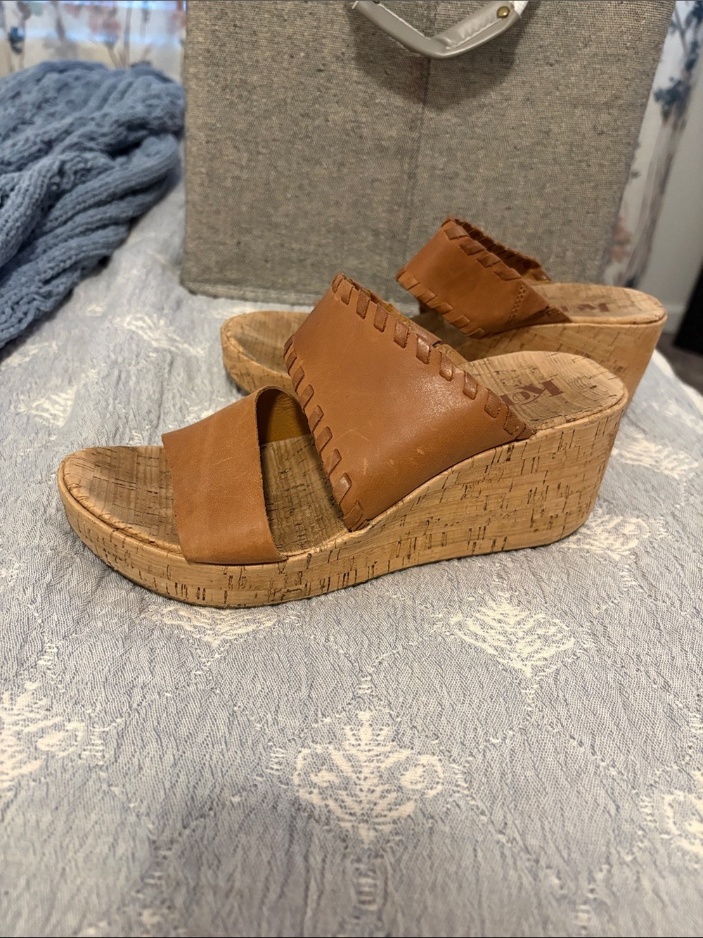 Women's Tan Leather Cork Wedge Slide Sandals